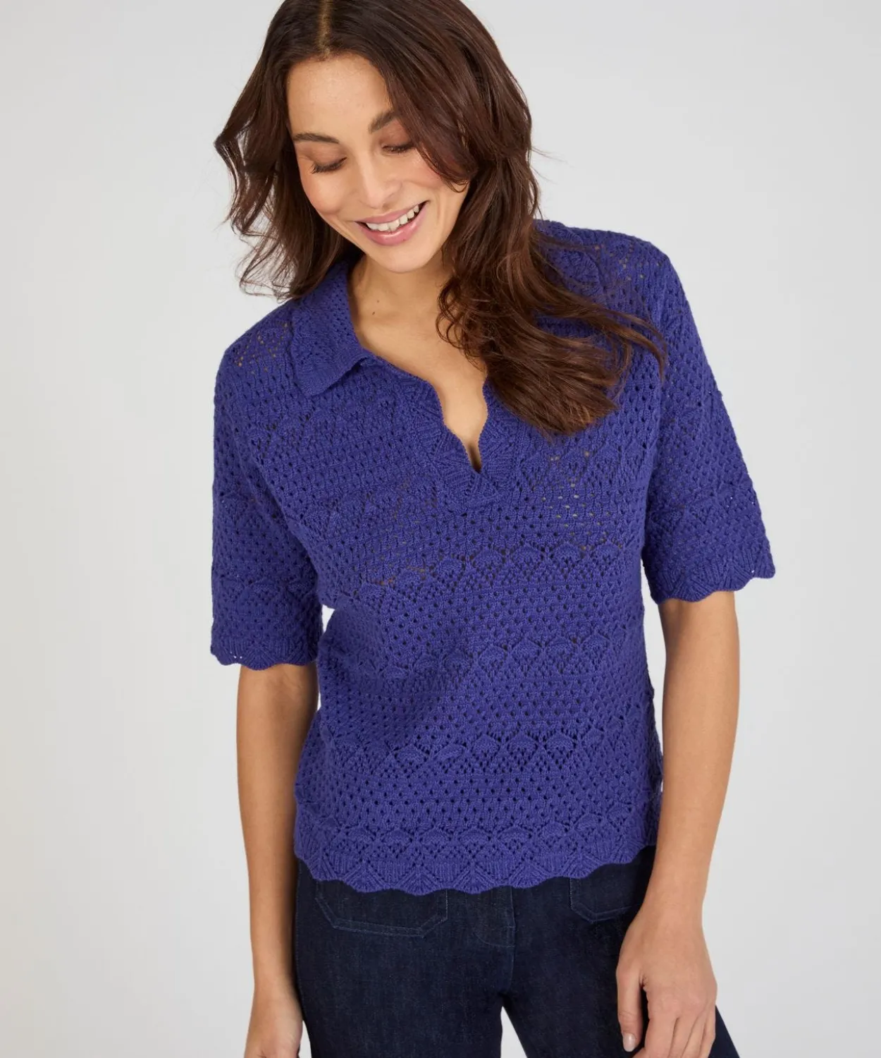 Pull col polo maille ajourée