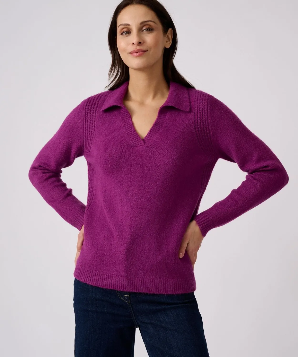 Pull col polo ouvert fantaisie côtelée