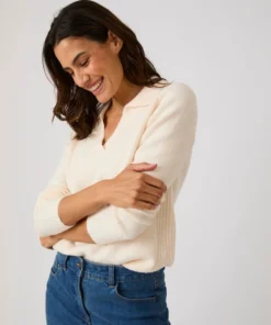 Pull col polo ouvert fantaisie côtelée
