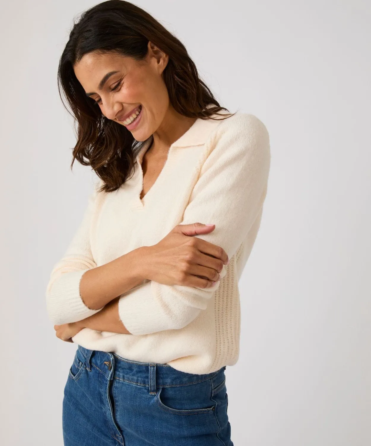 Pull col polo ouvert fantaisie côtelée