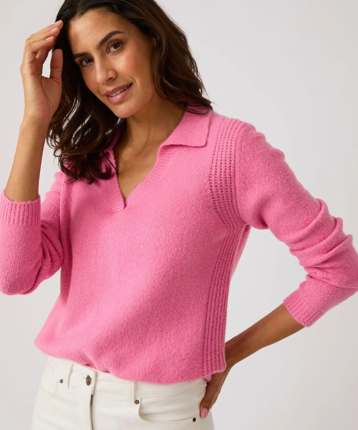Pull col polo ouvert fantaisie côtelée