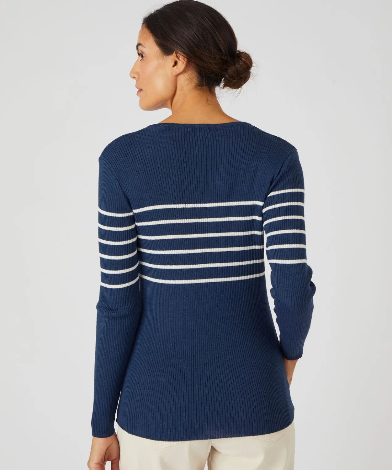 Pull col rond 50% laine mérinos, uni et rayé