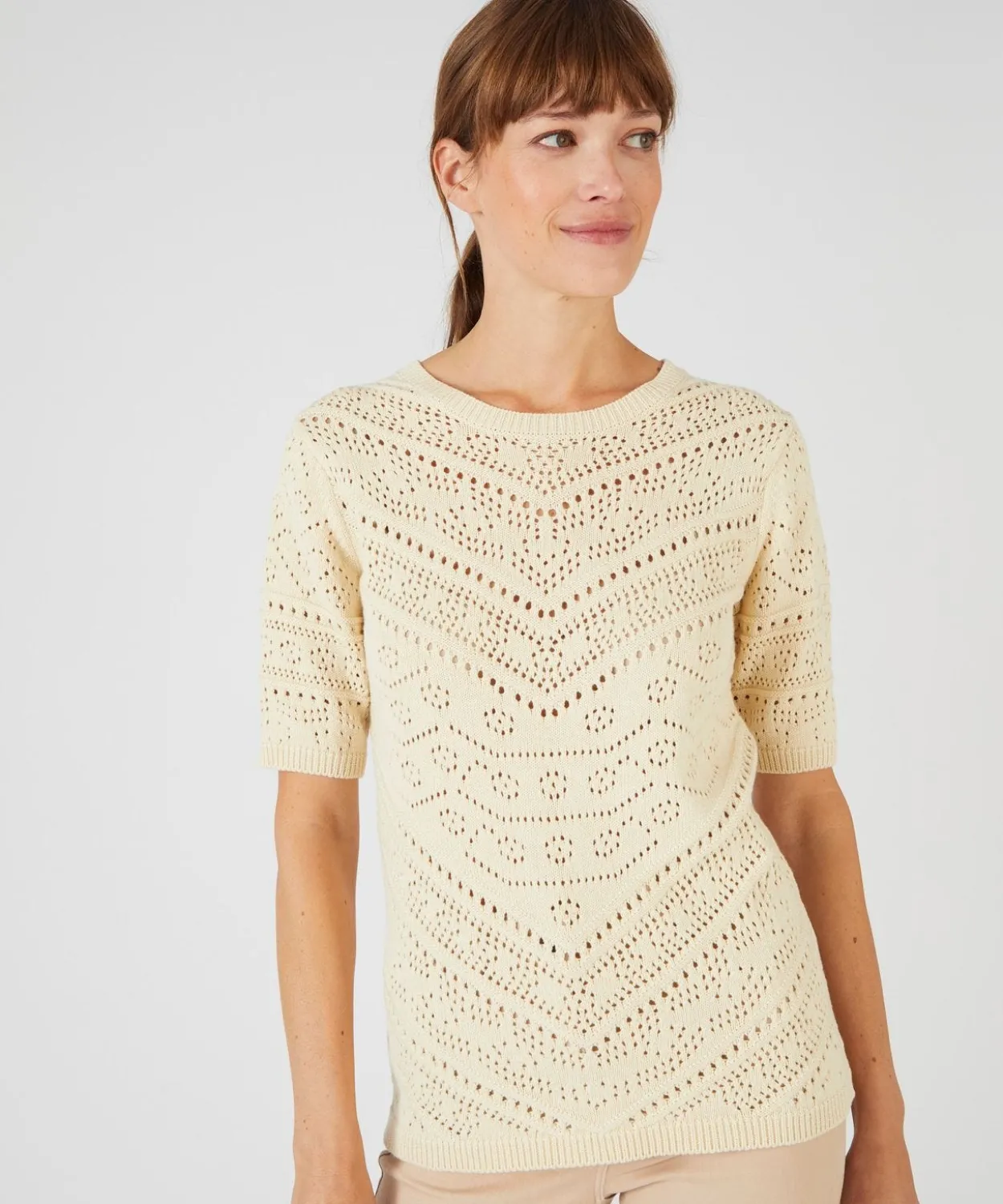 Pull maille ajourée manches aux coudes
