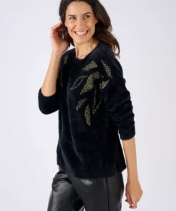 Pull maille poilue à motif végétal brillant