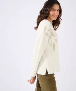 Pull maille poilue à motif végétal brillant