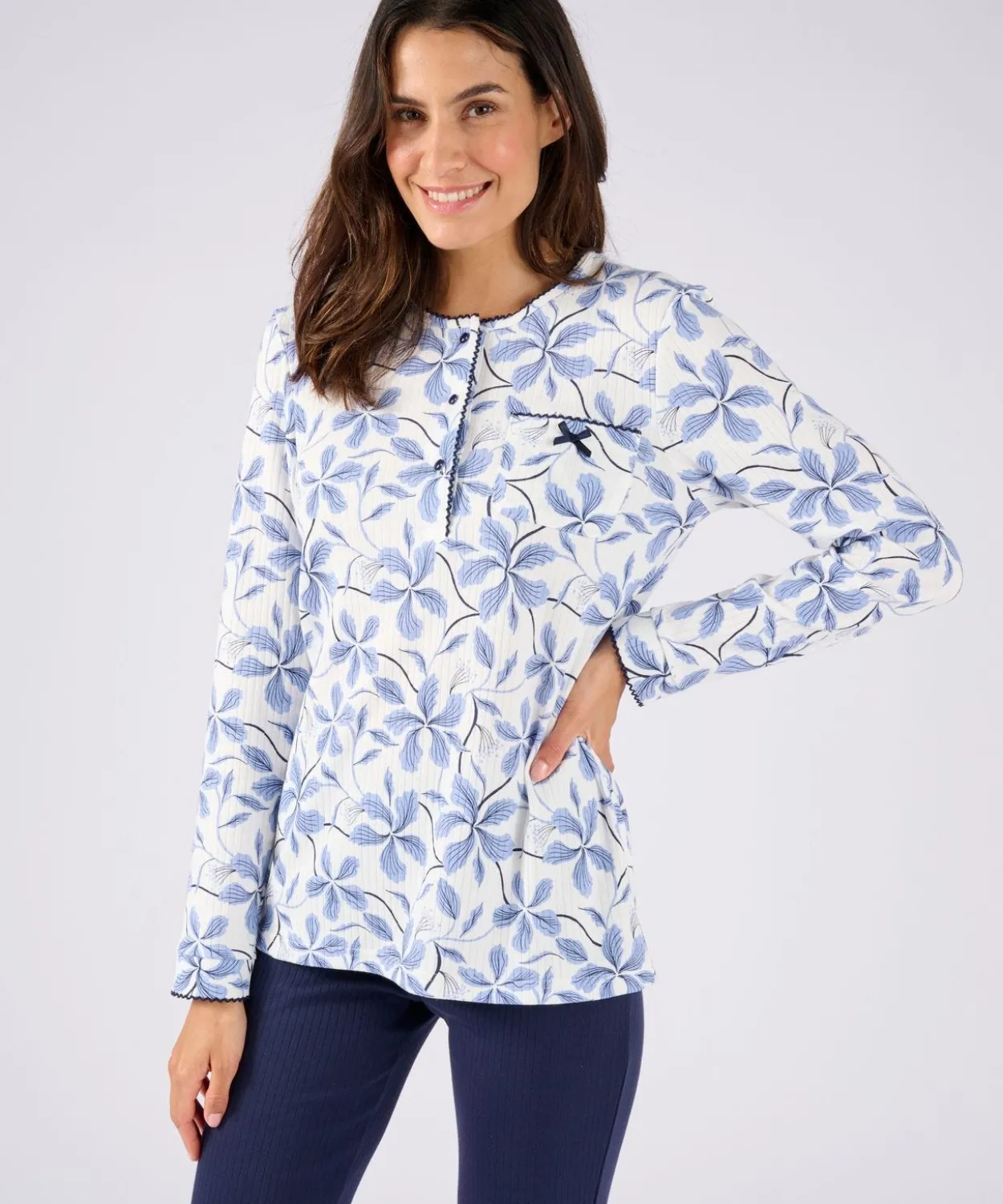 Pyjama maille côtelée, intérieur légèrement gratté