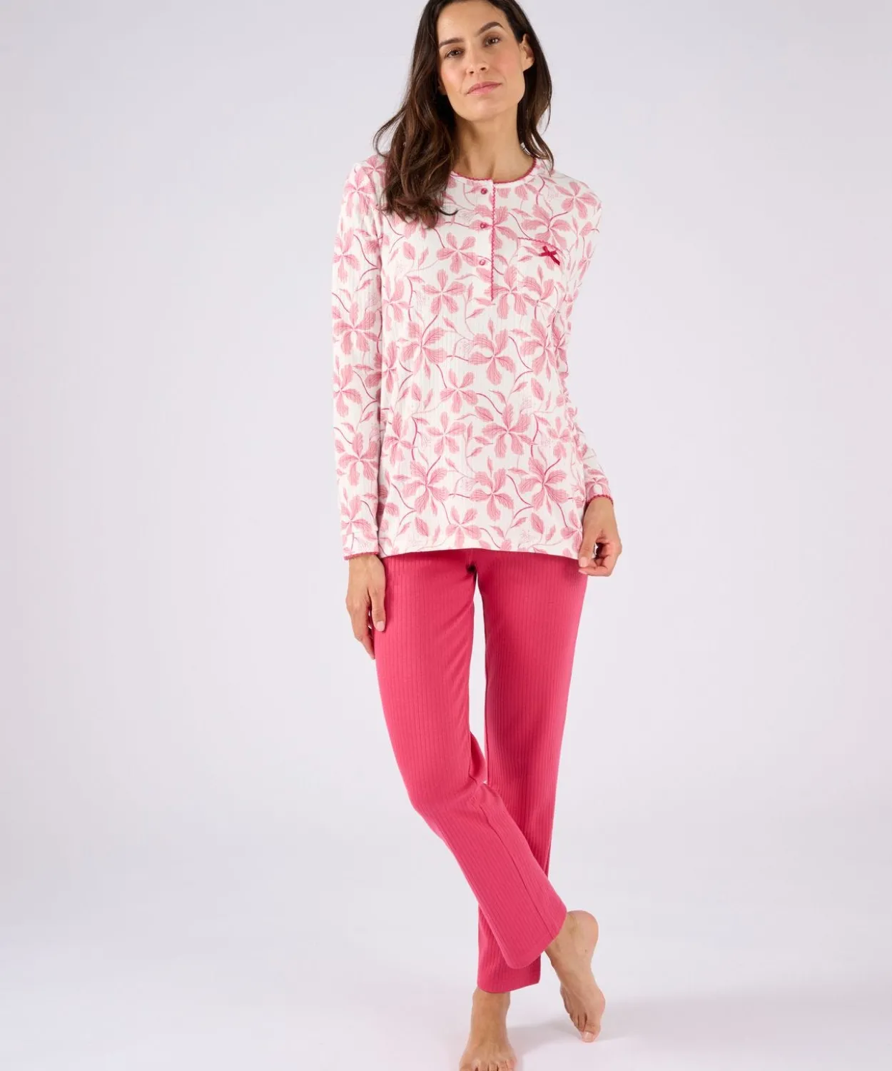 Pyjama maille côtelée, intérieur légèrement gratté