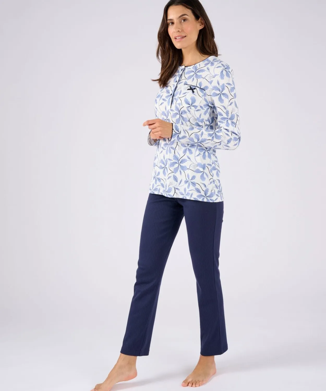 Pyjama maille côtelée, intérieur légèrement gratté