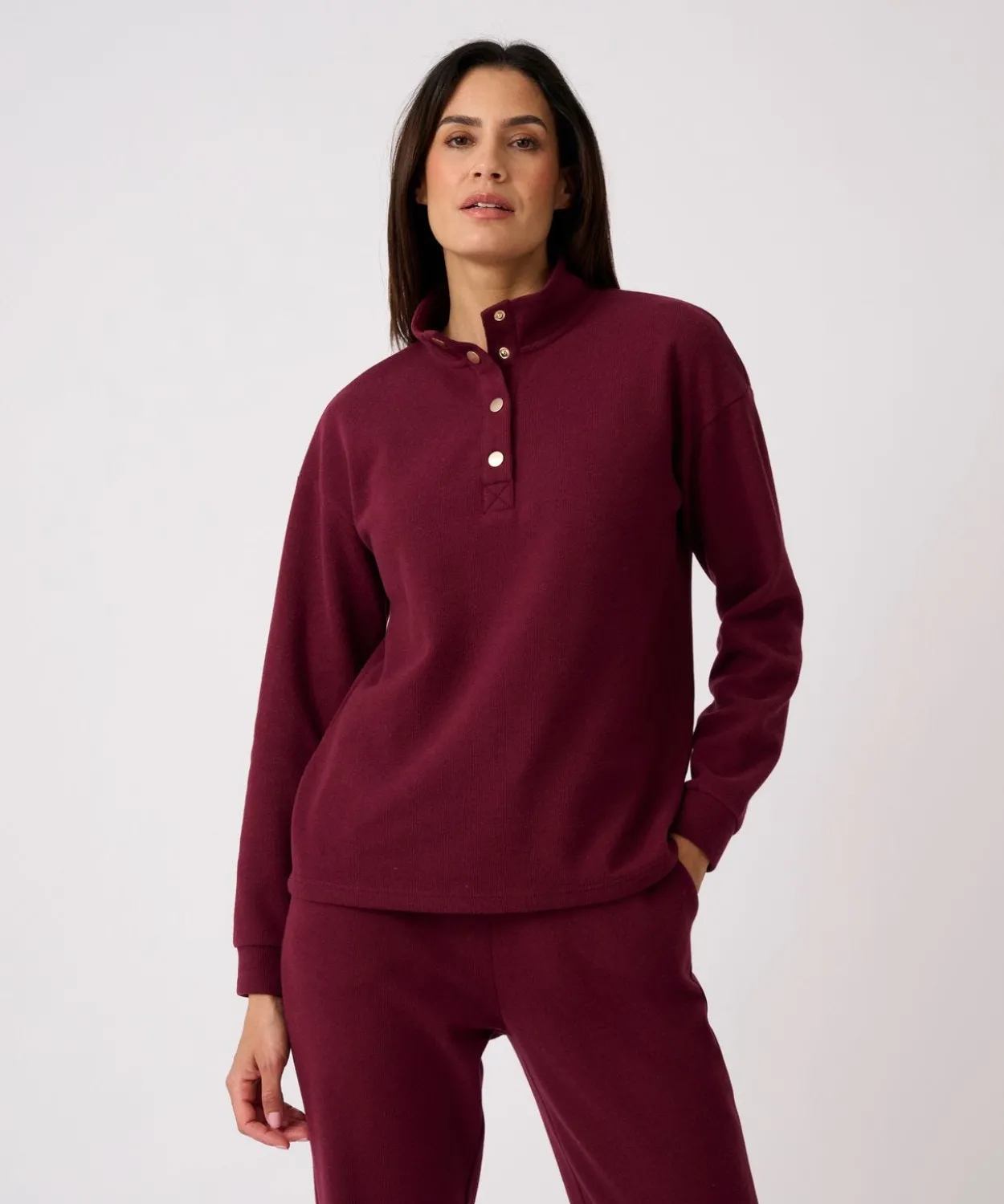 Sweat-shirt col montant pressionné côtes 1x1