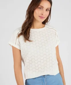 T-shirt bi-matière broderie anglaise
