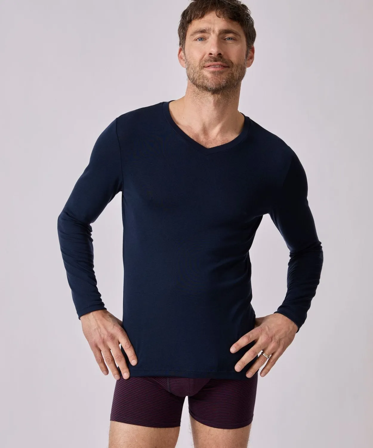 T-shirt col V manches longues fine côte Thermolactyl Sensitive