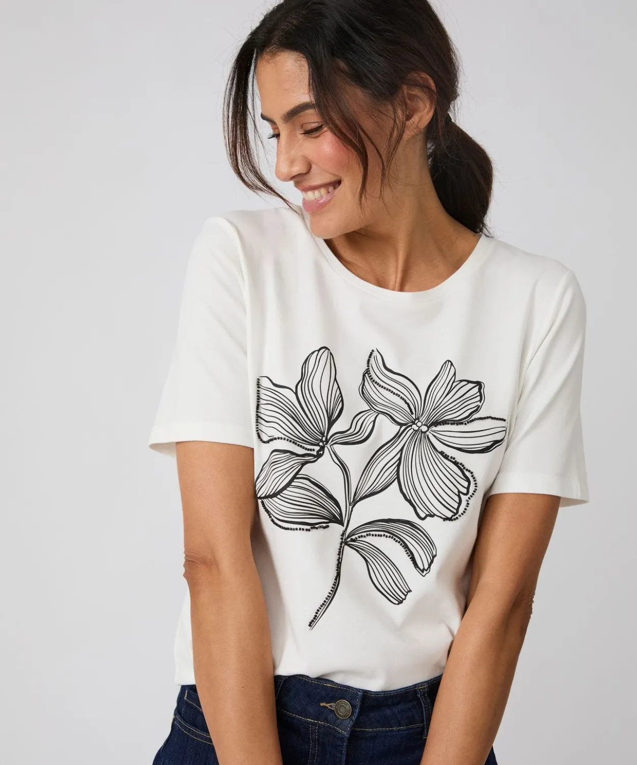 T-shirt motif imprimé avec perles fantaisie