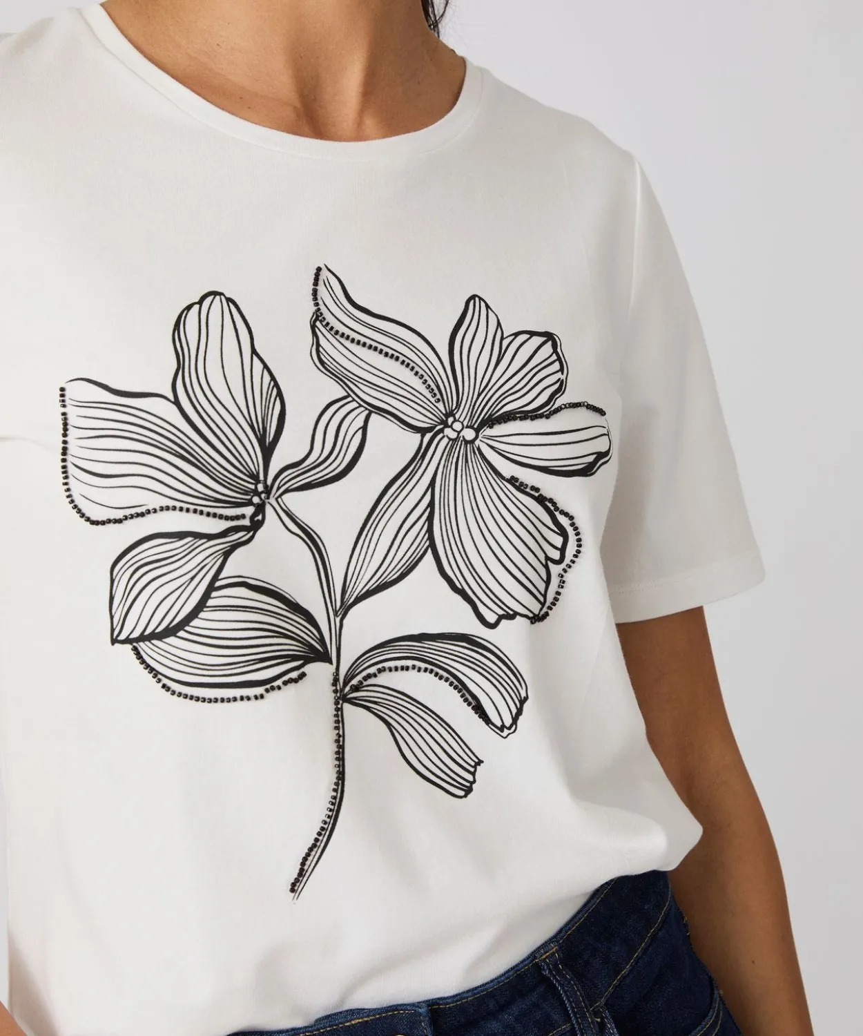 T-shirt motif imprimé avec perles fantaisie
